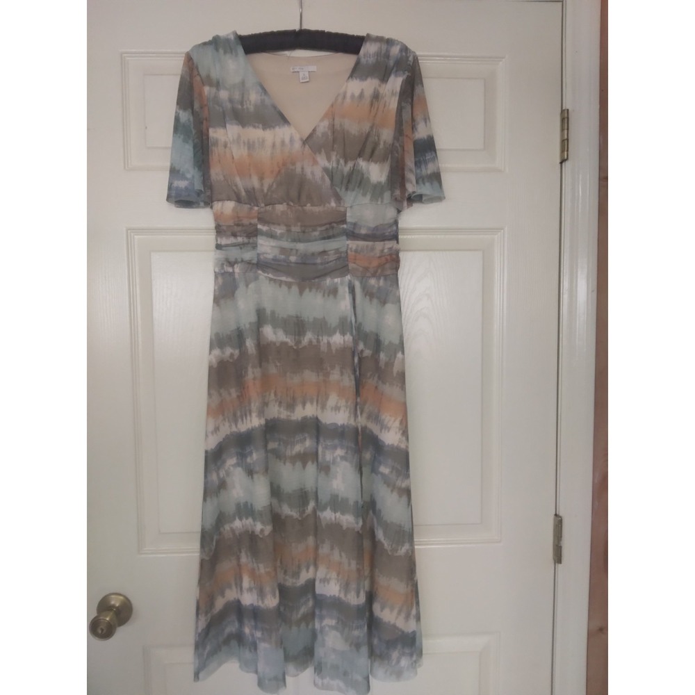 Midi Dress Est.1946 Brand v neck flutter sleeves ruched waist peach blue gray
